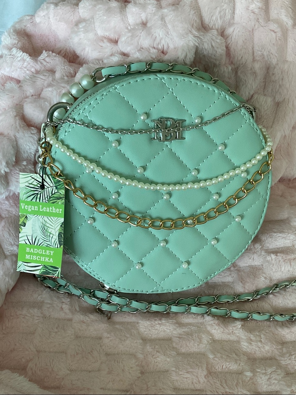 Badgley Mischka Mint Quilted Round Crossbody with Pearl & Gold Chains